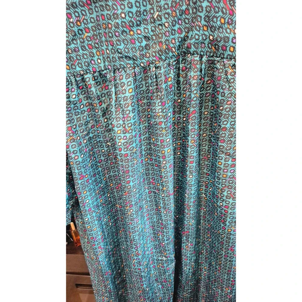 Vintage‎ 80s 90s Geometric Midi Dress Teal Abstract Print Button Front Boho M/L